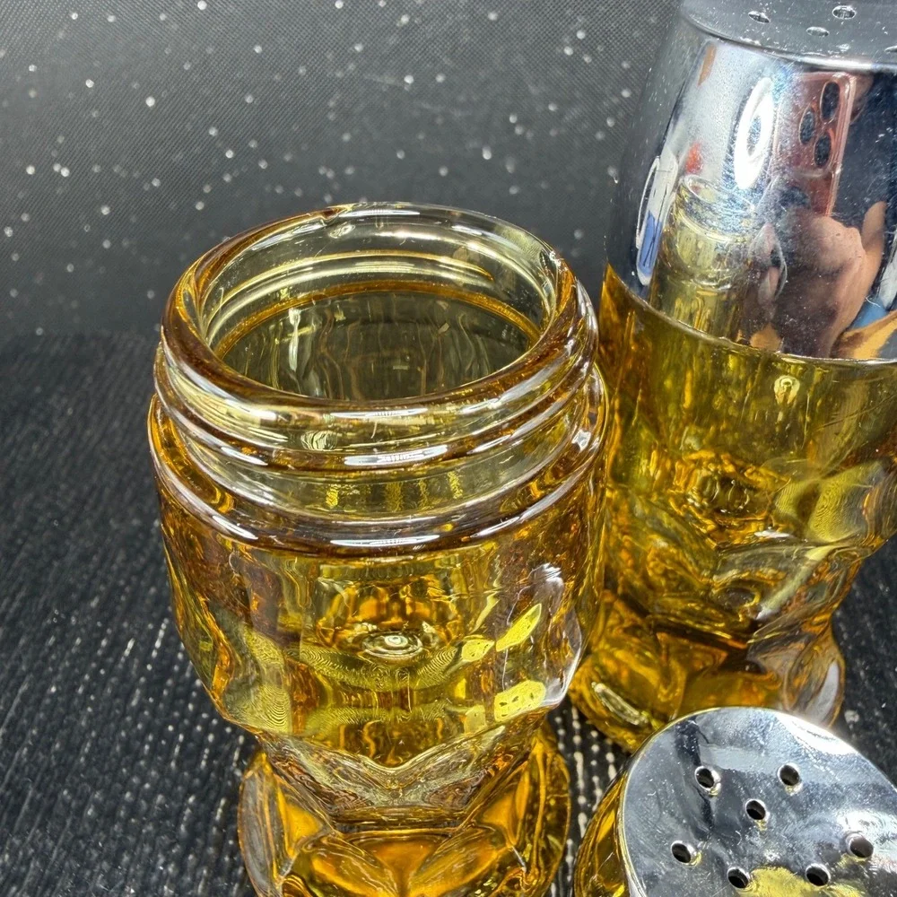 Anchor Hocking Amber Glass Salt and Pepper Shakers Chrome Tops Mid Century